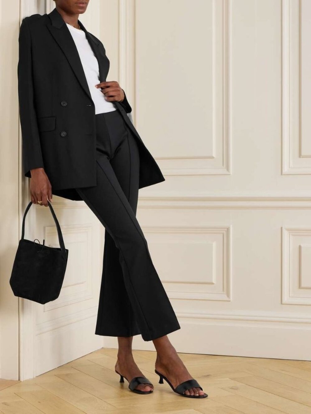 THE ROW BECA Scuba Pintuck Flared Leg Pull On Pants Virgin Wool Blend Black